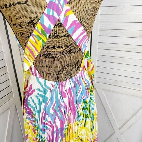 Milly Oria Waves of Zerbra Pleated Halter Maxi Dress Yellow Pink Multi Size 4 - Picture 9 of 15
